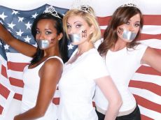 Raquel Beezley (right) takes a silent stand in support of same-sex marriage, along with Shanna Moakler (center), Miss California USA executive director, and Tamiko Nash (left), Miss USA 2006 first runner-up.